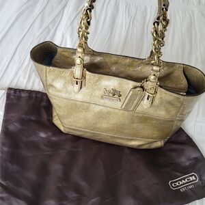 Coach Madison Tribeca Metallic Gold Leather Patent Chain Tote With Dust Bag